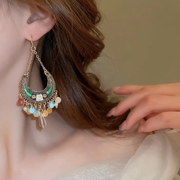 Boho Moon Drop Tassel Earrings - Picture 3 of 4